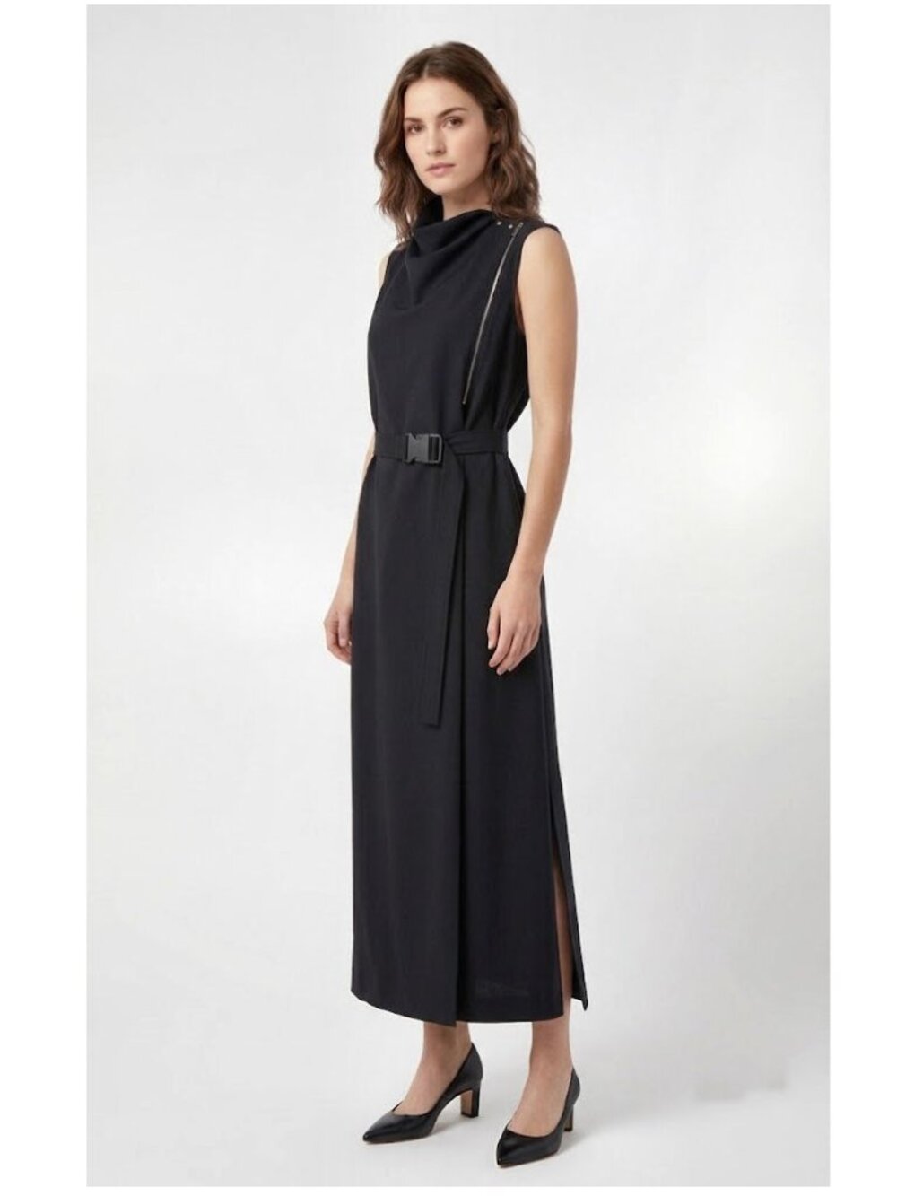 Tomas Maier Asymmetric Zip Belted Maxi Dress Black 100% Wool Womens Size 8